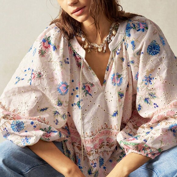 Tops - Boho Women's Plus Size Floral Print Hollow Out Embroidered Lantern Sleeve top